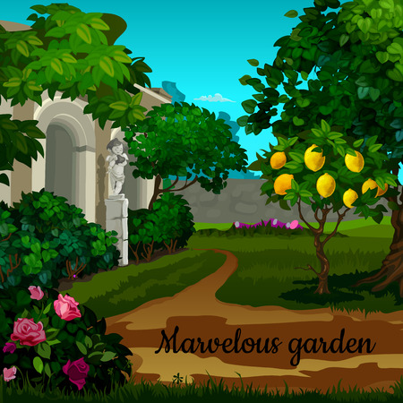 Magic garden with citrus tree and statuettのイラスト素材