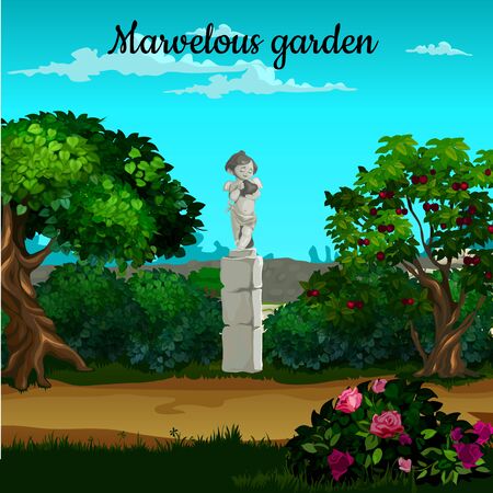 Magic garden with blooming trees and statueのイラスト素材