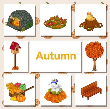 Autumn vector set of icons - bench, wood, fireplace, birdhouse, harvest and other symbols of autumnのイラスト素材