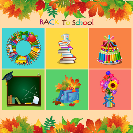 Set of school objects on different backgroundsのイラスト素材