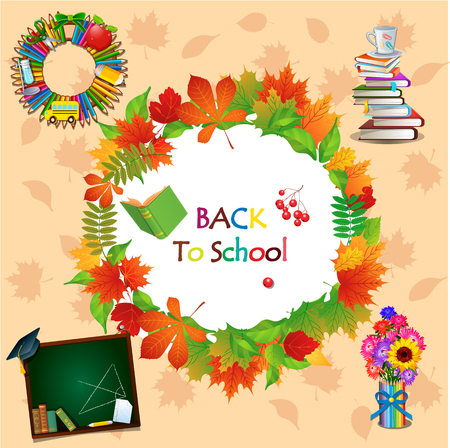 Back to school - colorful image with different school objects and round frame space for textのイラスト素材