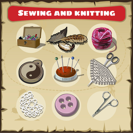 Hand drawn sewing and knitting set, supplies and accessories for sewing on light background. Vector sewing equipment, arts and craftのイラスト素材