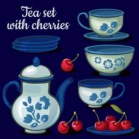 Set of porcelain on a blue backgroundのイラスト素材