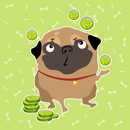 The pug dog finds the money, light green background with bonesのイラスト素材