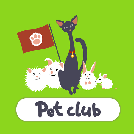 Greeting card with cat and pets on a green backgroundのイラスト素材
