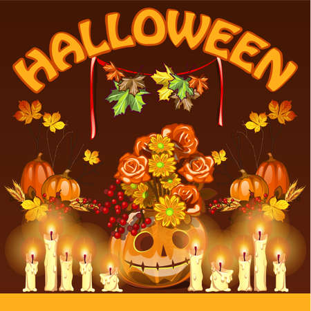 Grinning pumpkin with a hat of leaves and flowers surrounded by candlesのイラスト素材