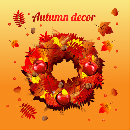 Round wreath of autumn leaves. Vector decor for cards, invitations, posters, greetingのイラスト素材