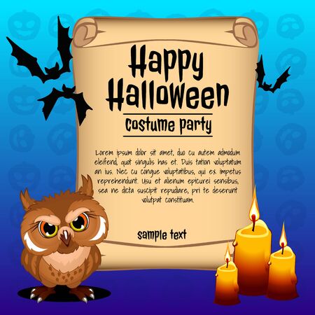 Wicked owl with three candles, banner happy Halloweenのイラスト素材