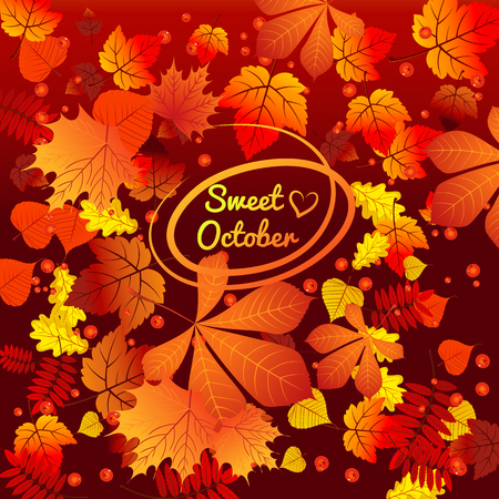Autumn card with oval frame space for text. Bright autumn background for a poster, invitation or other postcardのイラスト素材
