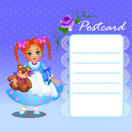 Doll little girl in blue dress with card, blue backgroundのイラスト素材