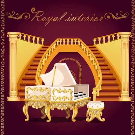 Royal gold piano and Grand staircase with columnsのイラスト素材