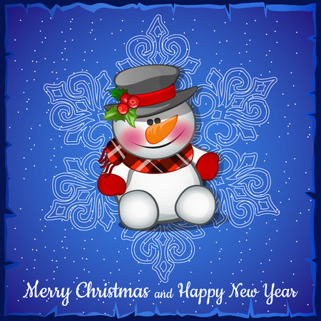 Cute snowman on background of snowflakesのイラスト素材