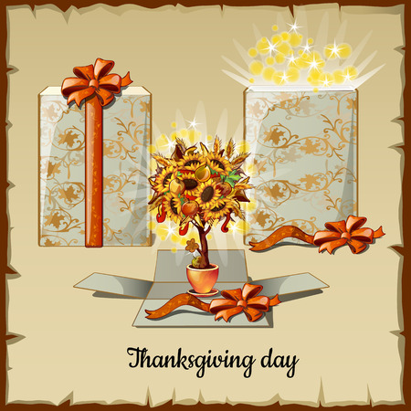Autumn bonsai from sunflowers and gift box, Thanksgiving day cardのイラスト素材