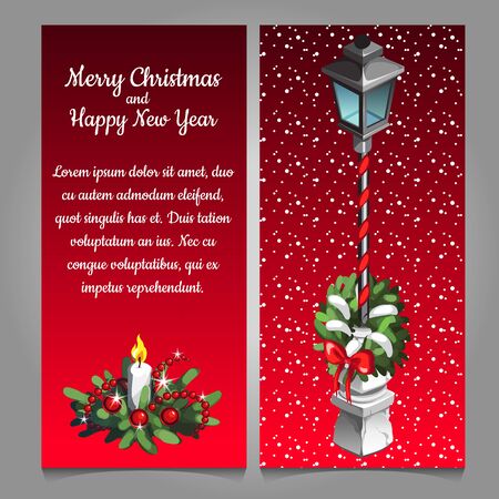 Christmas street lamp on a red background, two vertical cardsのイラスト素材