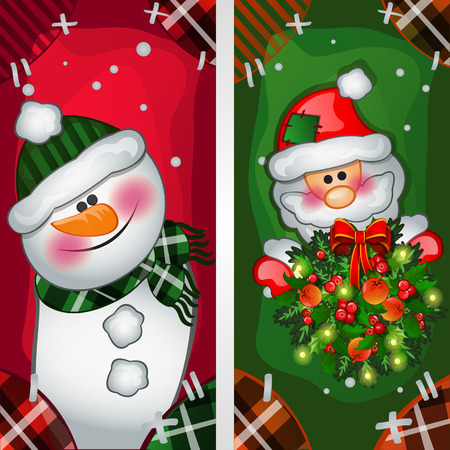 Snowman and Santa Claus image on the fabric, two vertical cardsのイラスト素材