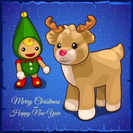 Childrens toys, doll and little fawn on a blue backgroundのイラスト素材