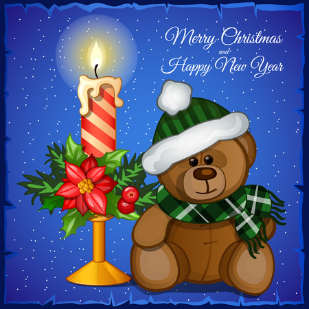 Plush Christmas bear with candle on a blue backgroundのイラスト素材