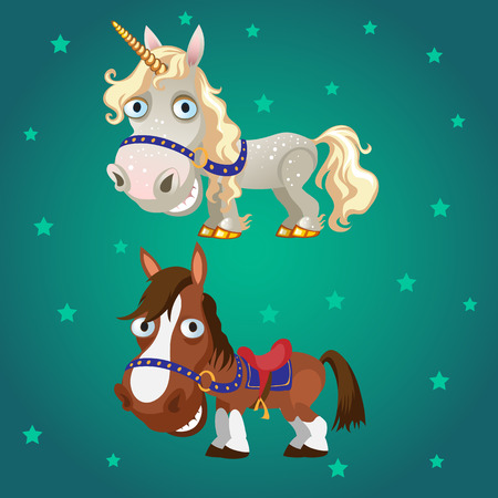 Cartoon image of the horse and the unicorn on a star green backgroundのイラスト素材