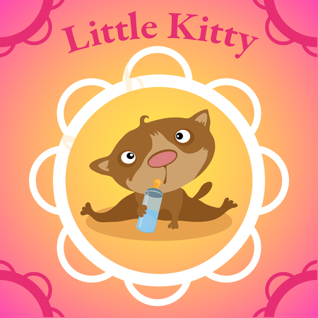 Little kitten with baby bottle in white circle frameのイラスト素材