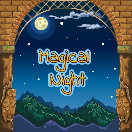 Magical night card with ancient frame and sculptures of owlsのイラスト素材