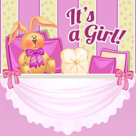 Decor girl room in pink color with pillows and soft rabbitのイラスト素材