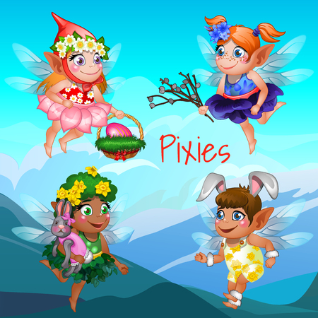 Four young flying fairies with different accessories and objectsのイラスト素材