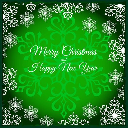 Green Christmas card with closeup silhouette of snowflake in the center and white snowflakes aroundのイラスト素材