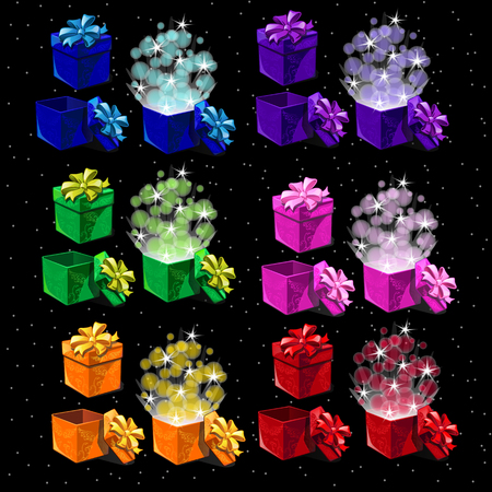 Set of colored magic boxes for all occasions, open and closed boxesのイラスト素材