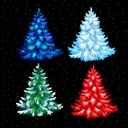 Postcard four shiny Christmas tree on a black backgroundのイラスト素材