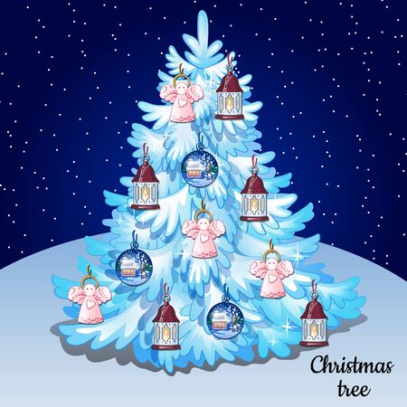 White Christmas tree with toys on a natural background and a starry skyのイラスト素材