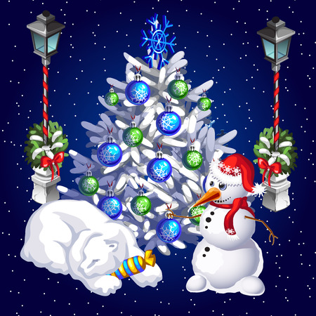 Postcard snowman and sleeping polar bear on a starry sky backgroundのイラスト素材