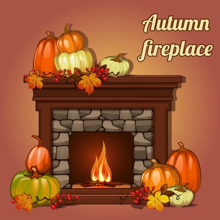 Autumn vector cozy decor, pumpkins and fireplaceのイラスト素材