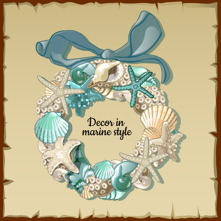Wreath of marine inhabitants, interior decor on a parchment backgroundのイラスト素材