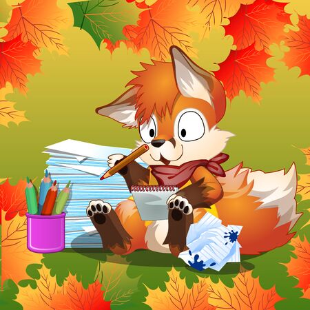 Little Fox enthusiastically doing his school homeworkのイラスト素材