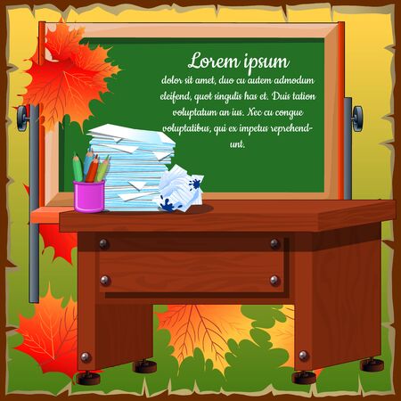 Autumn atmosphere of the classroom with desk and blackboardのイラスト素材