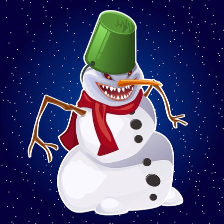 Evil snowman wearing carrot nose, red scarf and bucket on headのイラスト素材