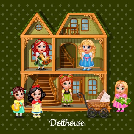 Modern three-storey dolls house with six dolls on a green backgroundのイラスト素材