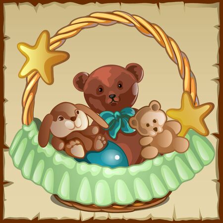 Group of small Teddy friends sits in a basket, childrens toyのイラスト素材