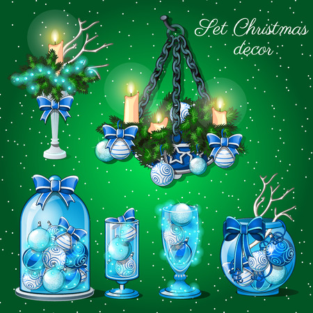 Interior decoration in Christmas time, set of 6 items on a green backgroundのイラスト素材