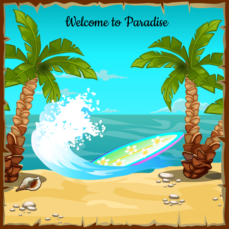 Bright postcard with beach, ocean wave and surfboardのイラスト素材