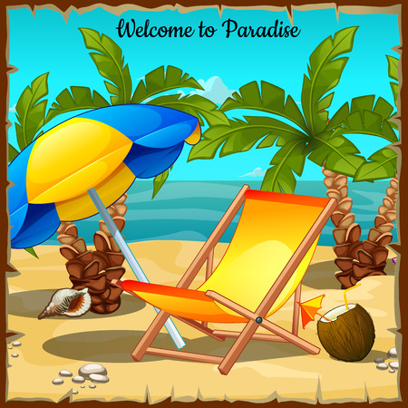 Tropical postcard on the ocean with palm trees and sun loungersのイラスト素材