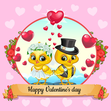 Greeting card for Valentines Day with chickens the bride and groomのイラスト素材