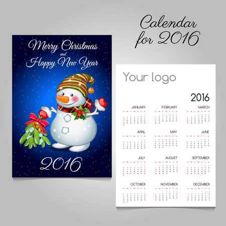 Calendar 2016 with cute snowman with bouquetのイラスト素材