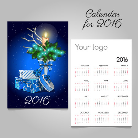 Calendar with vintage image of Christmas symbols in blueのイラスト素材