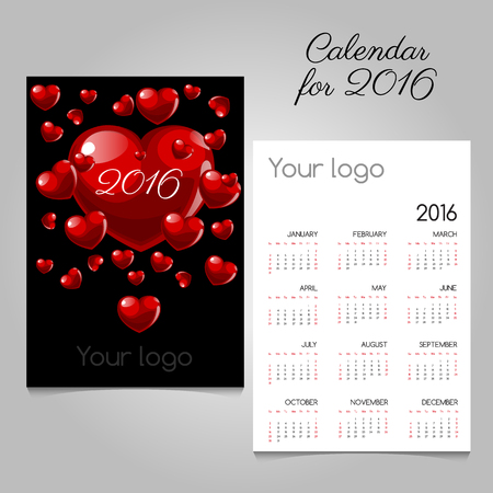 2016 calendar with red hearts on a black backgroundのイラスト素材