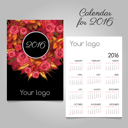 Calendar 2016 with pink rosesのイラスト素材