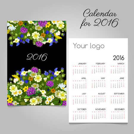 Colorful calendar for 2016 with images of wildflowersのイラスト素材