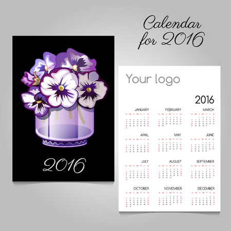 Calendar with bunch of flowers in a vase, black and purpleのイラスト素材