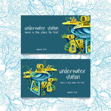 Two cards with underwater stations and text on a white backgroundのイラスト素材