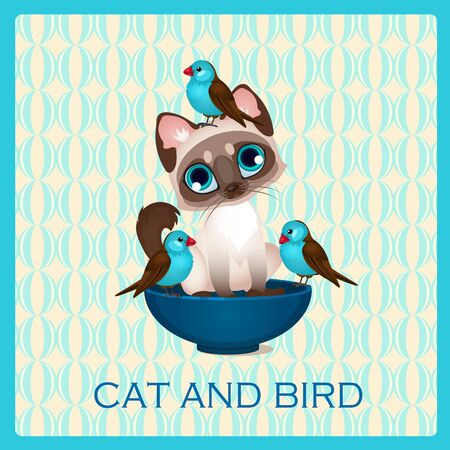 Cute cartoon kitten and birds in the blue cupのイラスト素材